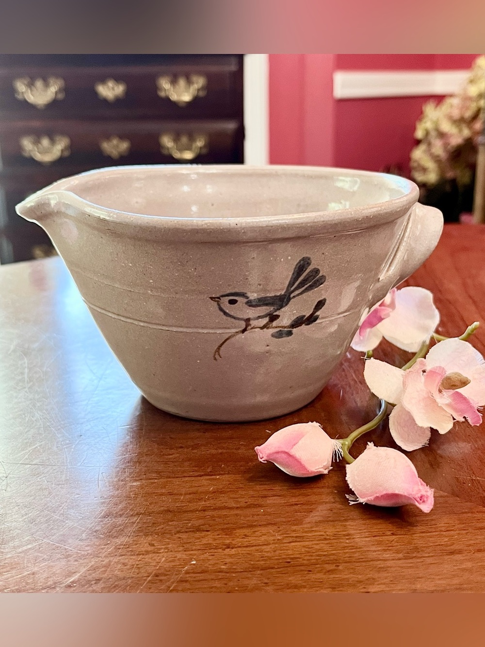 Vintage 1978 Signed Jugtown Pottery Folk Art Salt Glaze Bird Bowl 6” Rare